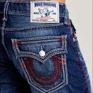 TRUE RELIGION straight flat red mega T stitch jean